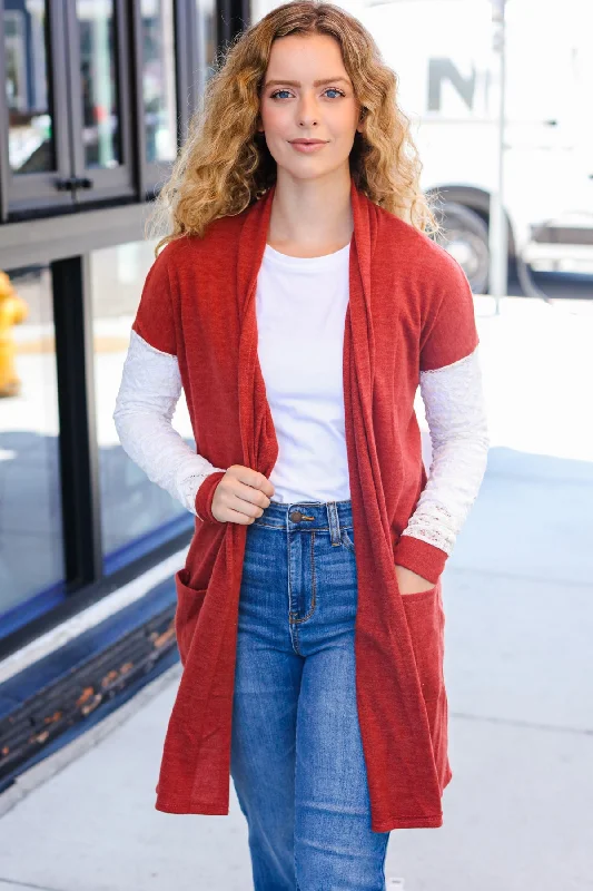 Rust Lace Sleeve Pocketed Long Cardigan Plaid Cardigan Polka Dot Checkered