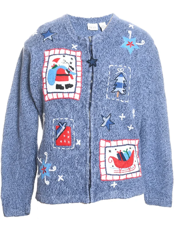 Santa Claus Christmas Cardigan - M Lace Blend Ribbed Blend Corduroy Blend