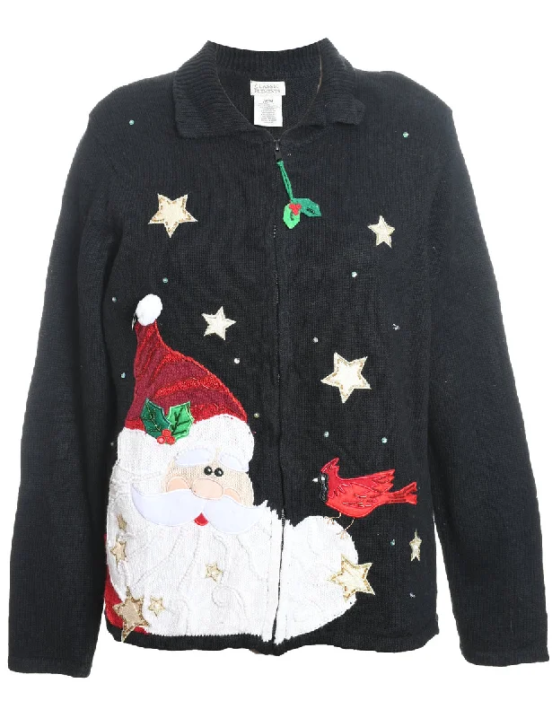 Santa Claus Design Black Embroidered Christmas Cardigan - M Glossy Satin Silk