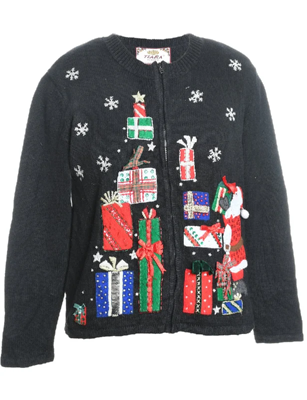 Santa Claus Design Black Embroidered Christmas Cardigan - S Mesh Fabric Canvas Fabric Denim Fabric Santa Claus Design Black Embroidered Christmas Cardigan - S Mesh Fabric Canvas Fabric Denim Fabric