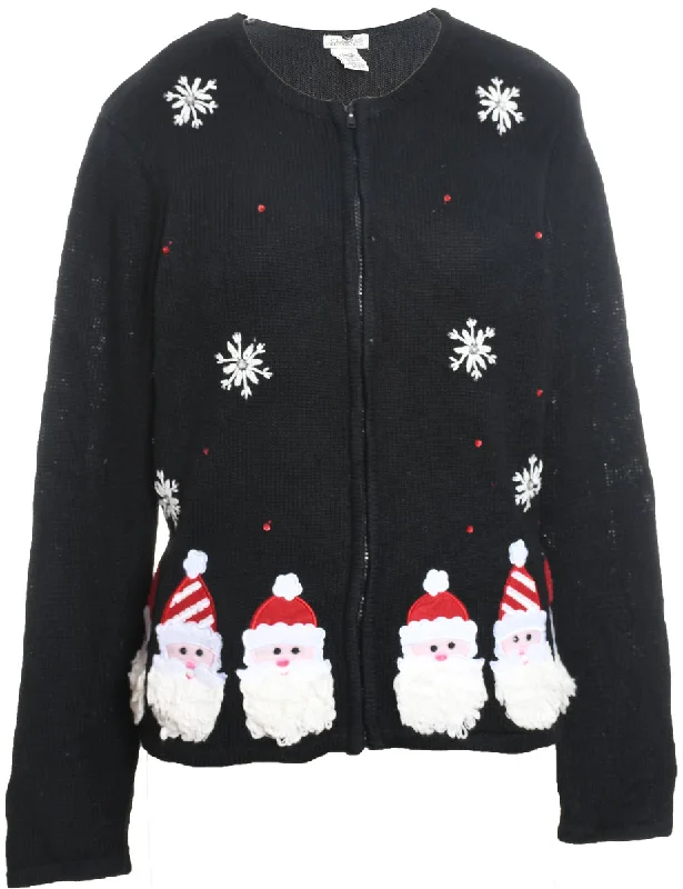 Santa Claus Design Black & Red Christmas Cardigan - L Crew Neck V-Neck Turtle Neck