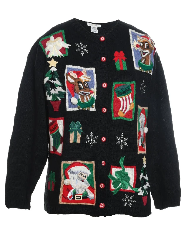 Santa Claus & Reindeer Christmas Cardigan - L Herringbone Houndstooth Plaid
