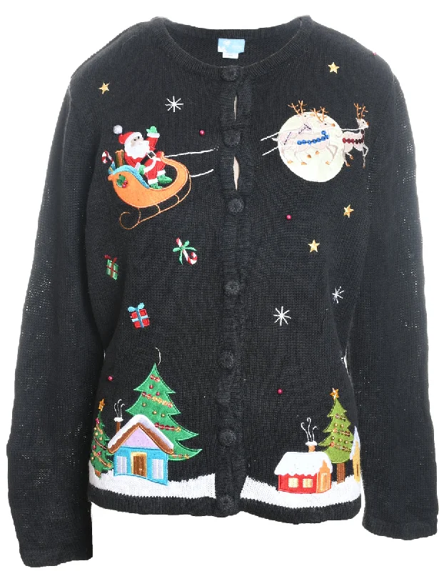 Santa Claus & Reindeer Christmas Cardigan - M Striped Floral Plaid