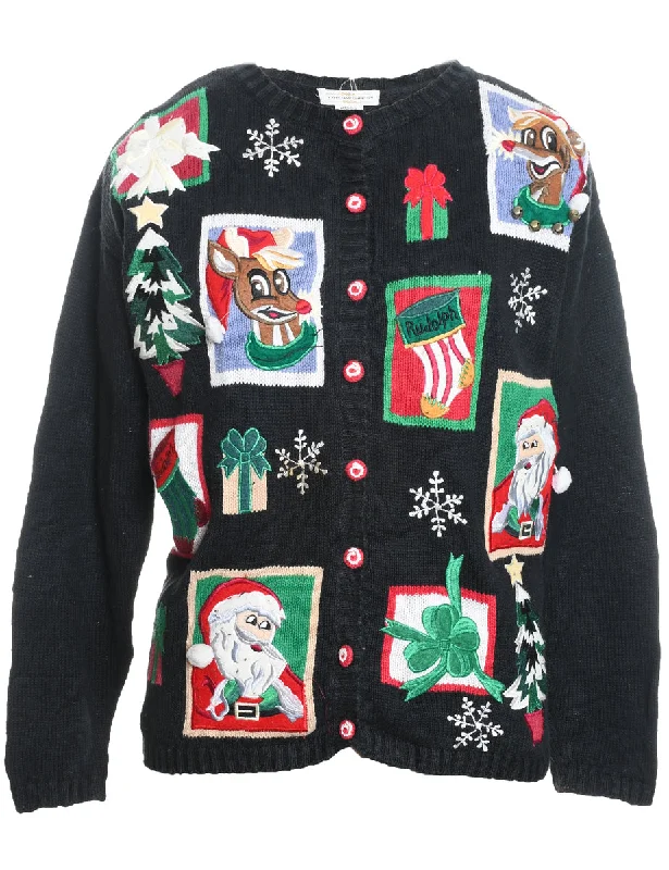Santa Claus & Reindeer Design Black Knit Christmas Cardigan - M Zippered Buttoned Snapped