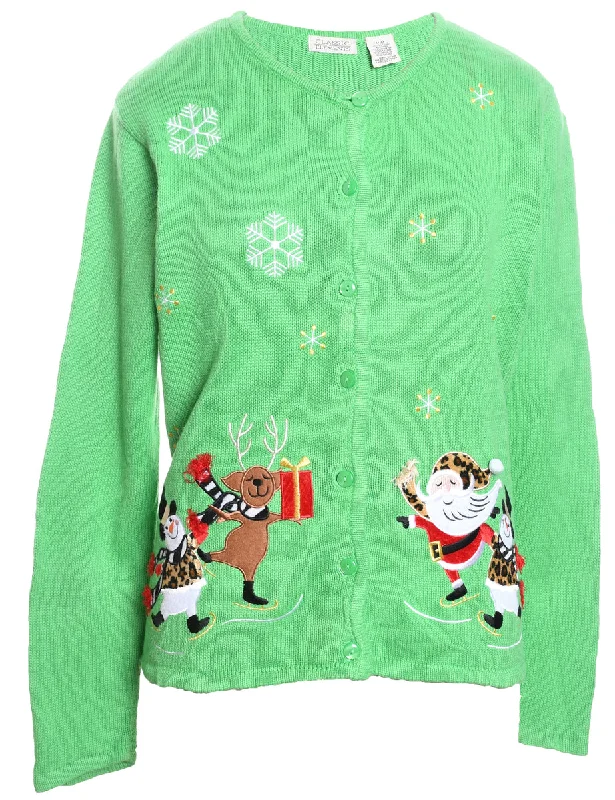 Santa Claus & Reindeer Design Light Green Christmas Cardigan - M Jersey Fabric Tulle Fabric Batik Fabric Santa Claus & Reindeer Design Light Green Christmas Cardigan - M Jersey Fabric Tulle Fabric Batik Fabric