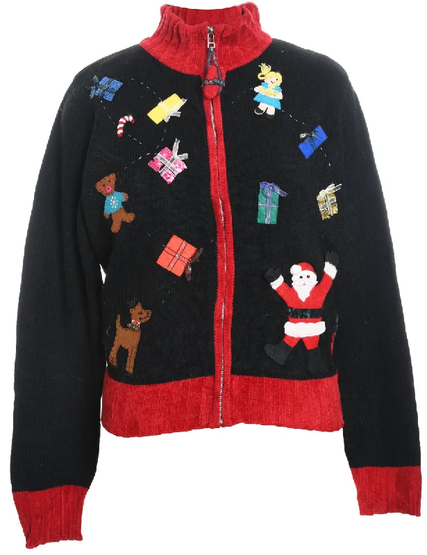 Santa Claus & Reindeer Design Multi-Colour Christmas Cardigan - M Hooded Caped Shawl Collar Santa Claus & Reindeer Design Multi-Colour Christmas Cardigan - M Hooded Caped Shawl Collar