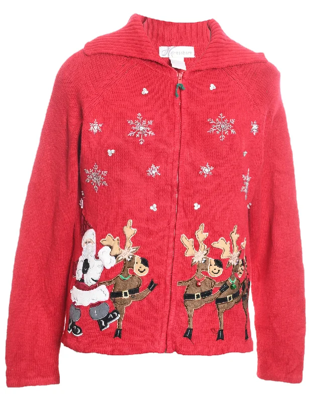 Santa Claus & Reindeer Design Zip-Front Christmas Cardigan - S Toggled Drawstring Belted Santa Claus & Reindeer Design Zip-Front Christmas Cardigan - S Toggled Drawstring Belted