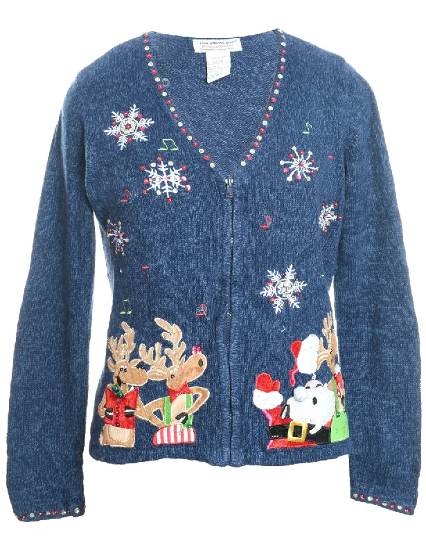 Santa Claus & Reindeer Navy Embroidered Zip-Front Christmas Cardigan - M Satin Fabric Silk Fabric Chiffon Fabric Santa Claus & Reindeer Navy Embroidered Zip-Front Christmas Cardigan - M Satin Fabric Silk Fabric Chiffon Fabric