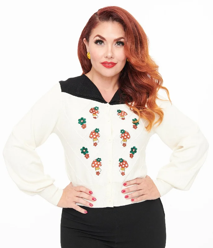 Smak Parlour 1960s Ivory & Black Mushroom Embroidered Cardigan Bright Pastel Dark