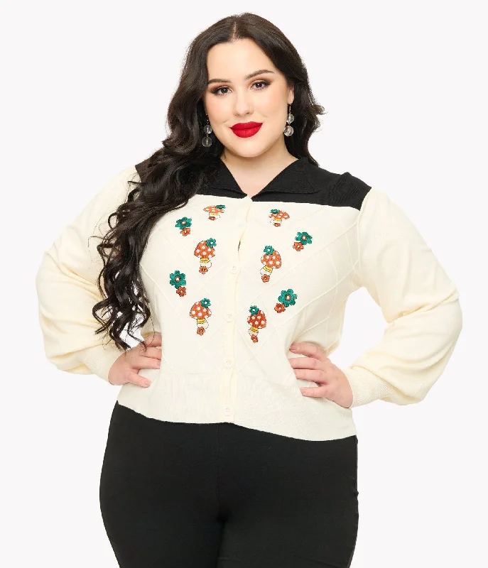 Smak Parlour Plus Size 1960s Ivory & Black Mushroom Embroidered Cardigan Neon metallic Matte