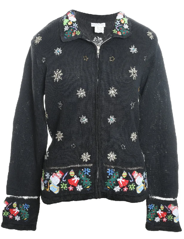 Snowfall Design Black Embroidered Zip-Front Christmas Cardigan - L Nylon Fabric Polyester Fabric Spandex Fabric Snowfall Design Black Embroidered Zip-Front Christmas Cardigan - L Nylon Fabric Polyester Fabric Spandex Fabric