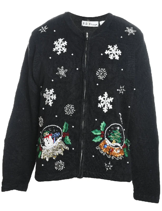 Snowfall Design Christmas Zip-Front Cardigan - M Terry Terry Cloth Terry Knit