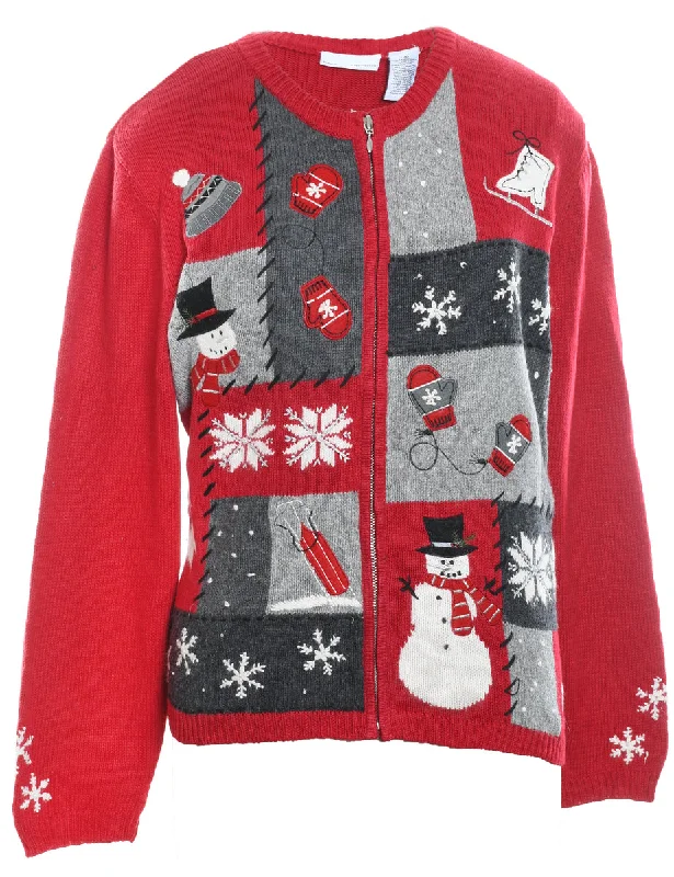 Snowman Christmas Cardigan - L Satin Blend Silk Blend Wool Blend