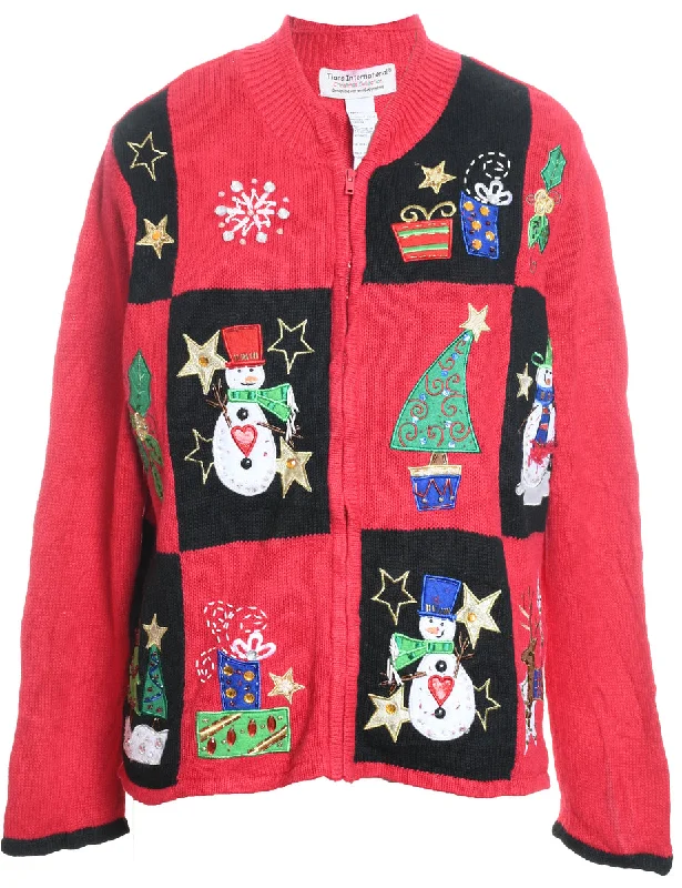 Snowman Christmas Cardigan - L Embroidered Appliqued Beaded