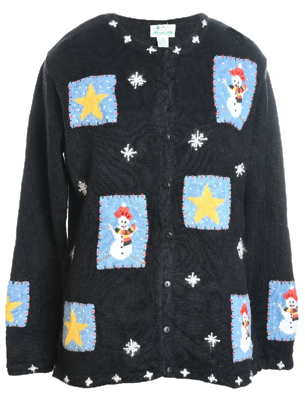 Snowman Christmas Cardigan - M Mesh Blend Leather Blend Suede Blend