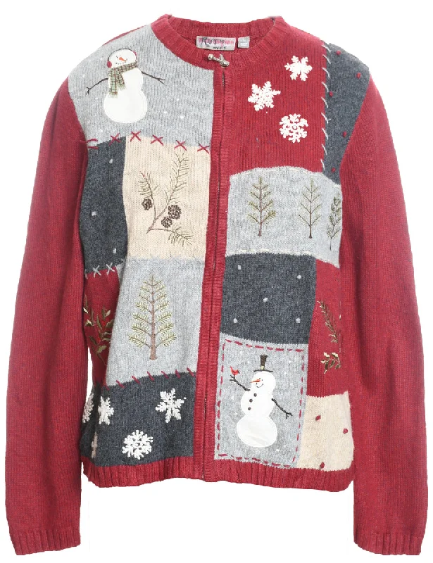 Snowman Christmas Cardigan - M Houndstooth Herringbone Solid