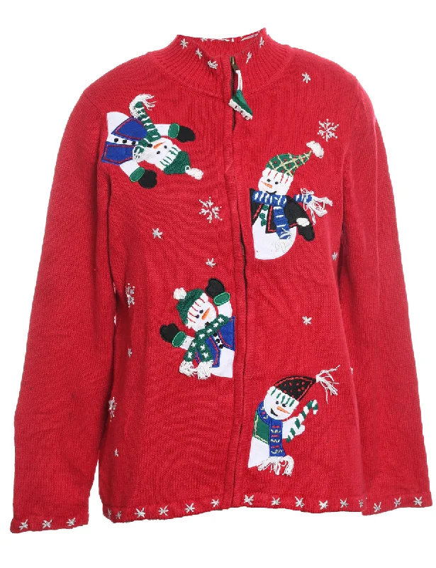 Snowman Christmas Cardigan - M Ribbed Striped Patterned