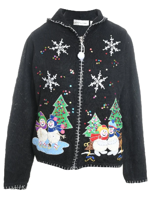 Snowman Christmas Cardigan - M Hooded Caped Shawl Collar