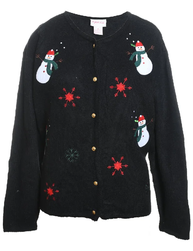 Snowman Design Black Christmas Cardigan - M Patchwork Embroidered Appliqued