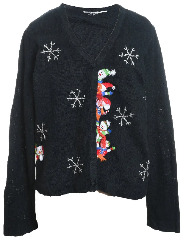 Snowman Design Black Classic Christmas Cardigan - L Elegant Classic Vintage
