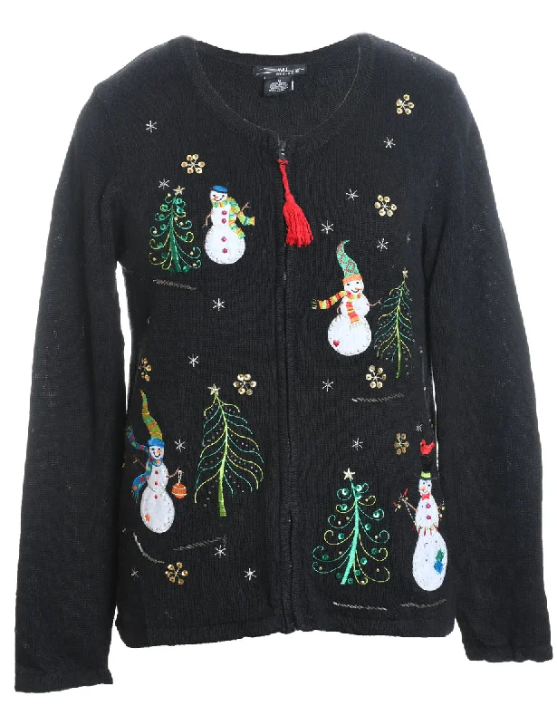Snowman Design Black Embroidered Christmas Cardigan - M Embroidered Appliqued Beaded Snowman Design Black Embroidered Christmas Cardigan - M Embroidered Appliqued Beaded