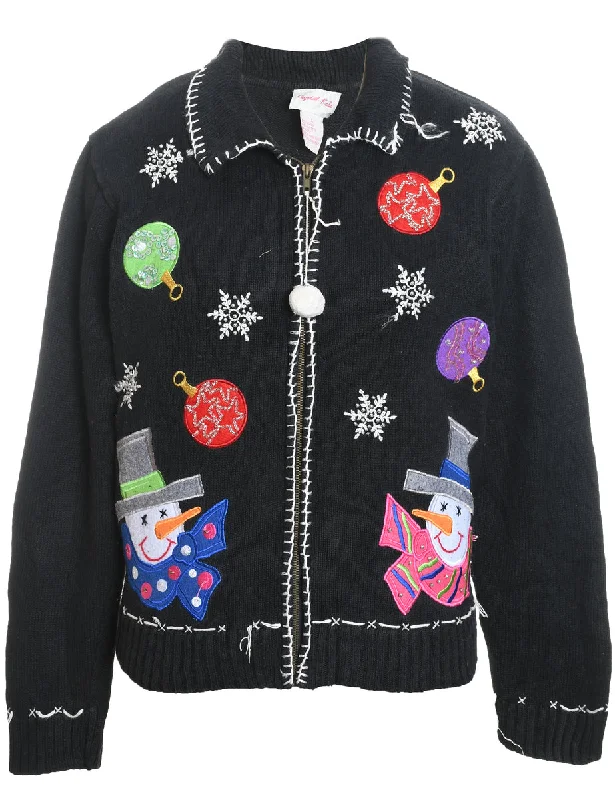 Snowman Design Black Embroidered Zip-Front Christmas Cardigan - L Real Fur Shearling Chenille Snowman Design Black Embroidered Zip-Front Christmas Cardigan - L Real Fur Shearling Chenille
