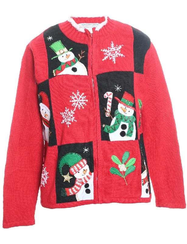 Snowman Design Black & Red Patchwork Embroidered Christmas Cardigan - M Chenille Fabric Brocade Fabric Lace Fabric Snowman Design Black & Red Patchwork Embroidered Christmas Cardigan - M Chenille Fabric Brocade Fabric Lace Fabric
