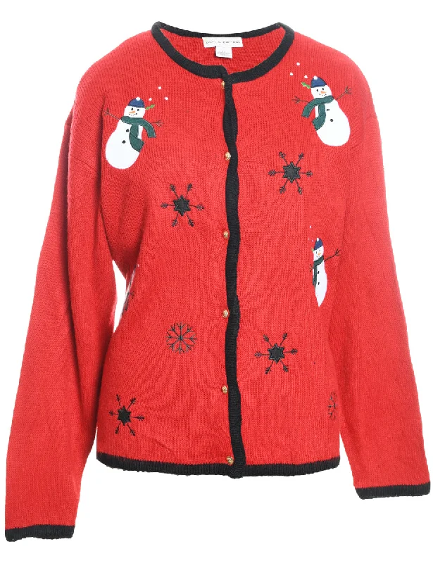 Snowman Design Black, Red & White Appliqued Christmas Cardigan - XL Front Pockets Side Pockets Patch Pockets Snowman Design Black, Red & White Appliqued Christmas Cardigan - XL Front Pockets Side Pockets Patch Pockets