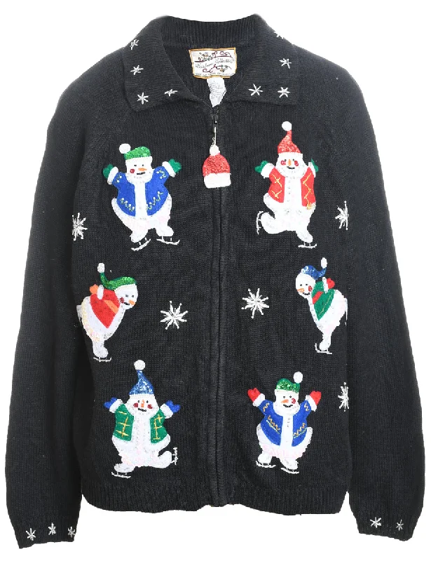 Snowman Design Black Zip-Front Christmas Cardigan - L Neon metallic Matte