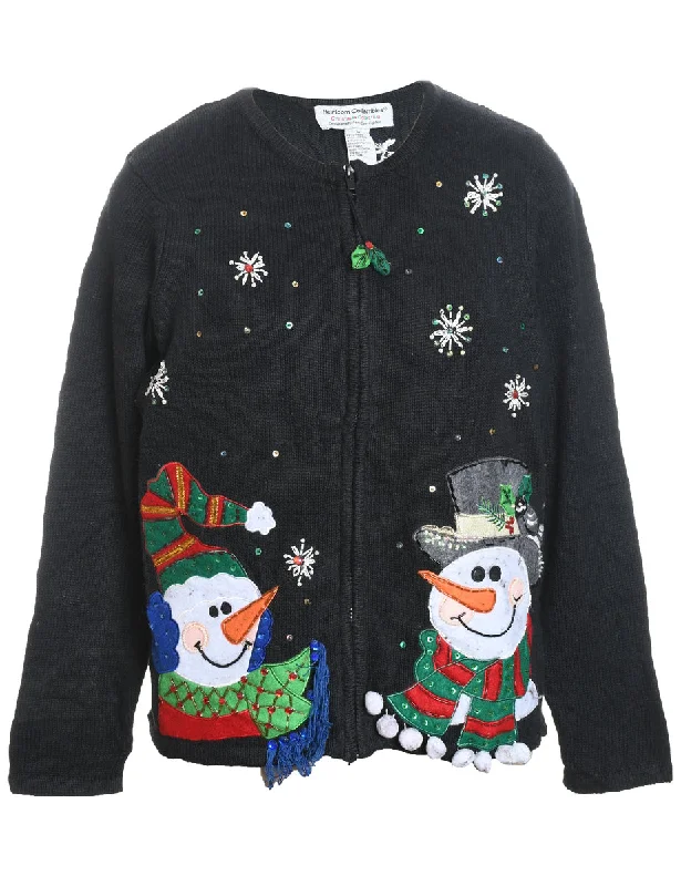 Snowman Design Black Zip-Front Christmas Cardigan - M Stretchy Elastic Breathable