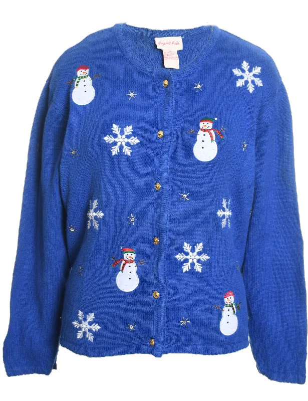 Snowman Design Blue Appliqued Christmas Cardigan - M Slim Fit Regular Fit Oversized