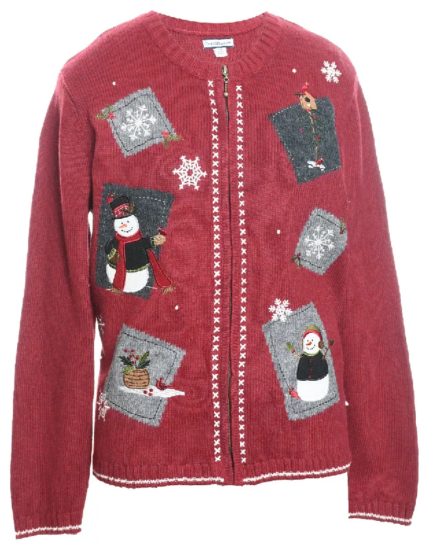 Snowman Design Embroidered Zip-Front Christmas Cardigan - XL Denim Fabric Leather Fabric Suede Fabric Snowman Design Embroidered Zip-Front Christmas Cardigan - XL Denim Fabric Leather Fabric Suede Fabric