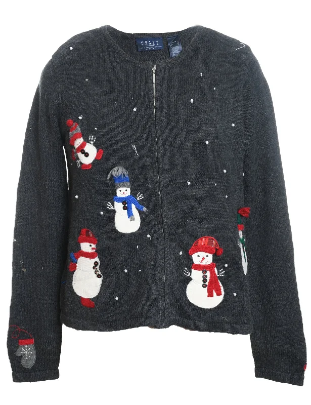 Snowman Design Grey Knit Christmas Cardigan - S Open Front Closed Front Wrap Front