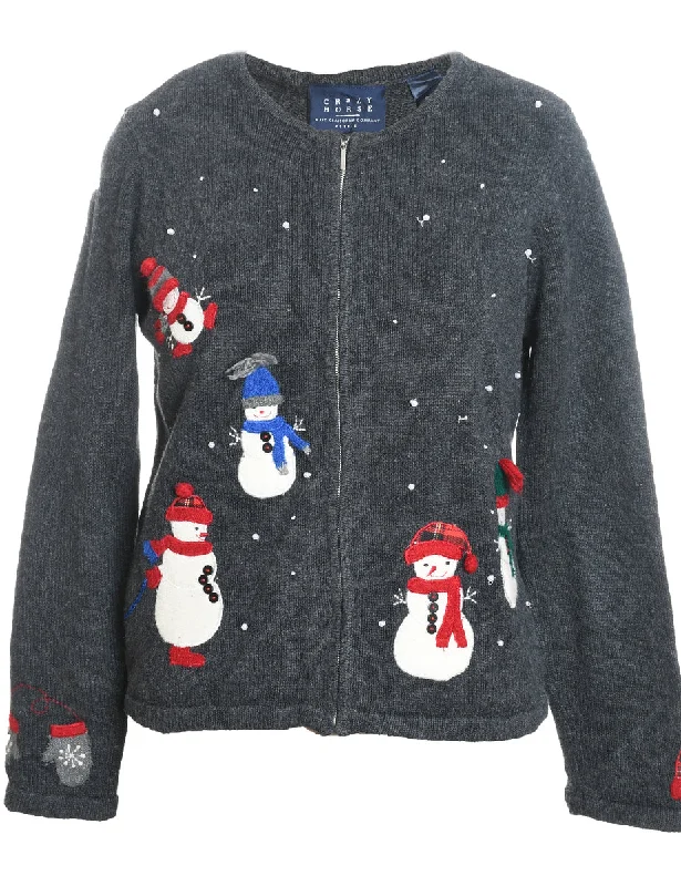 Snowman Design Grey Zip-Front Christmas Cardigan - M Beaded Cardigan Sequined Faux Fur Snowman Design Grey Zip-Front Christmas Cardigan - M Beaded Cardigan Sequined Faux Fur