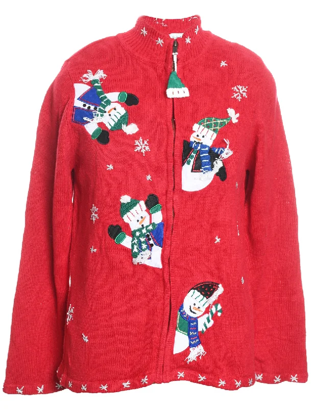 Snowman Design Knit Zip-Front Christmas Cardigan - L Toggled Drawstring Belted