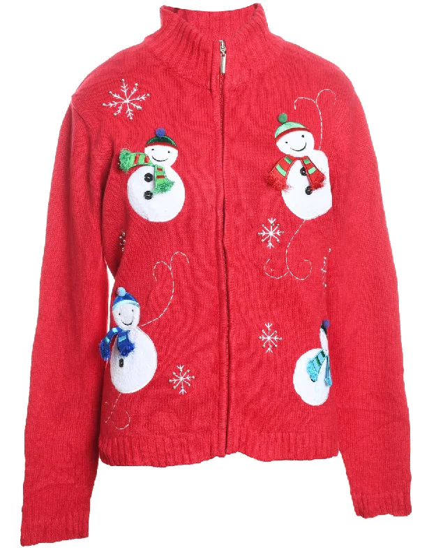 Snowman Design Knit Zip-Front Christmas Cardigan - M Fitted Loose Oversized