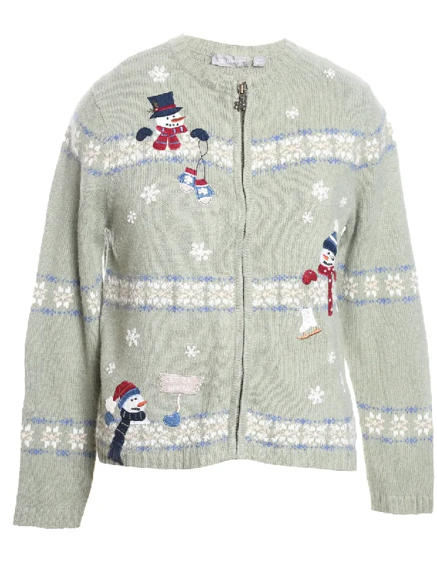 Snowman Design Light Green Zip-Front Knit Christmas Cardigan - M Elasticated Padded Insulated