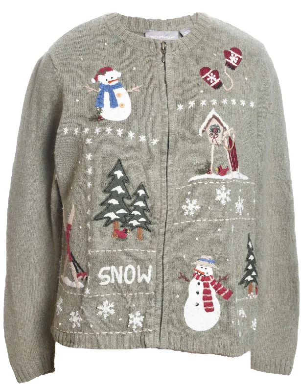 Snowman Design Light Grey Knit Zip-Front Christmas Cardigan - M Collared Crew Neck Turtle Neck Snowman Design Light Grey Knit Zip-Front Christmas Cardigan - M Collared Crew Neck Turtle Neck
