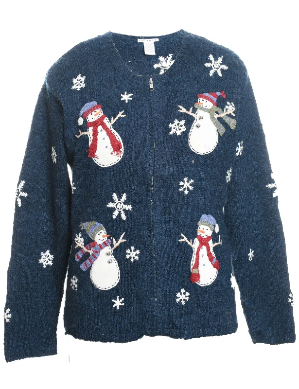 Snowman Design Navy Appliqued Christmas Cardigan - M Cable Knit Ribbed Knit Lace Knit Snowman Design Navy Appliqued Christmas Cardigan - M Cable Knit Ribbed Knit Lace Knit