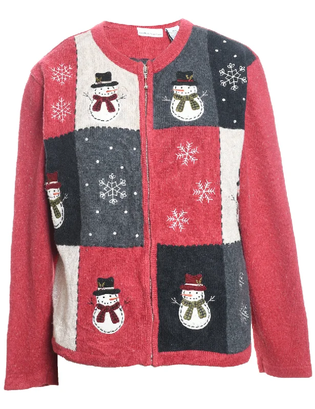Snowman Design Patchwork Embroidered Zip-Front Christmas Cardigan - M Zippered Front Buttoned Front Snap Front Snowman Design Patchwork Embroidered Zip-Front Christmas Cardigan - M Zippered Front Buttoned Front Snap Front