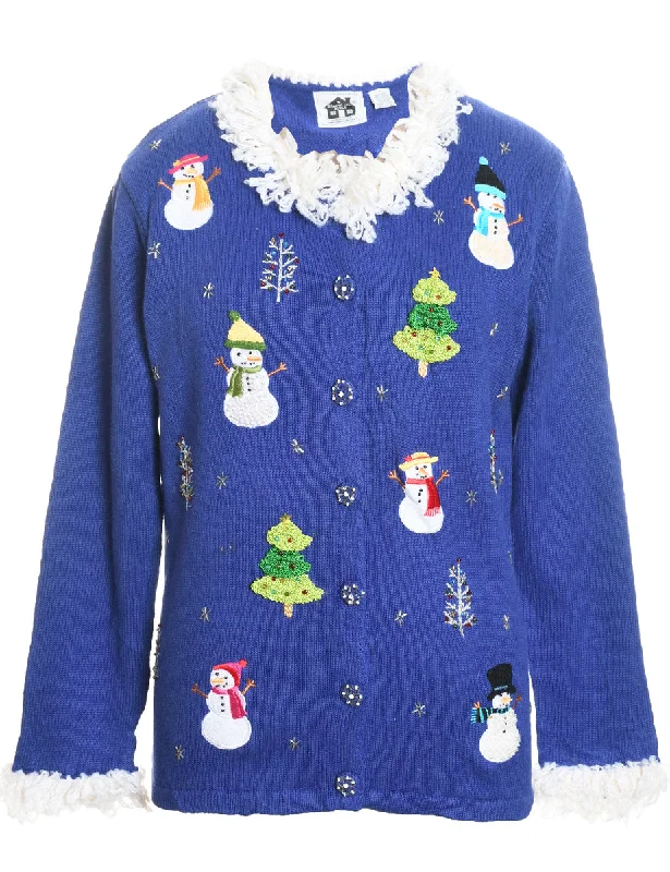 Snowman Design Purple Embroidered Christmas Cardigan - S Iron Safe Non-Iron Wrinkle Free
