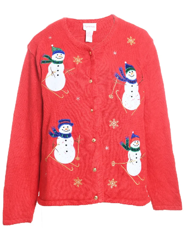 Snowman Design Red Appliqued Knit Christmas Cardigan - M Welt Pockets Slit Pockets Flap Pockets Snowman Design Red Appliqued Knit Christmas Cardigan - M Welt Pockets Slit Pockets Flap Pockets