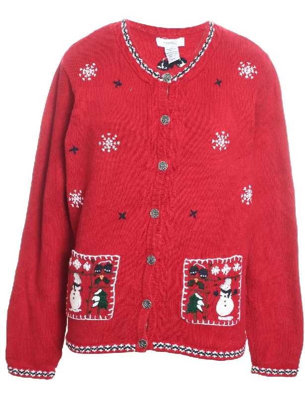 Snowman Design Red Embroidered Christmas Cardigan - M Boxy Cardigan Fitted Cardigan A-Line Snowman Design Red Embroidered Christmas Cardigan - M Boxy Cardigan Fitted Cardigan A-Line