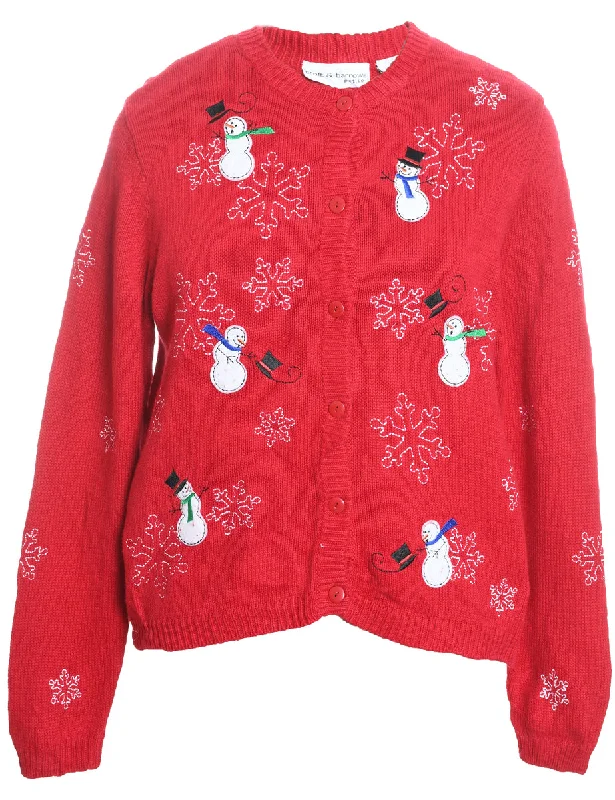 Snowman Design Red Embroidered Christmas Cardigan - M Soft Cozy Warm