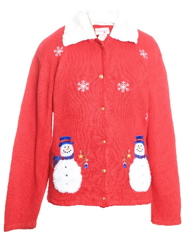 Snowman Design Red Faux Fur Collar Christmas Cardigan - L Faux Fur Fabric Real Fur Fabric Shearling Fabric Snowman Design Red Faux Fur Collar Christmas Cardigan - L Faux Fur Fabric Real Fur Fabric Shearling Fabric