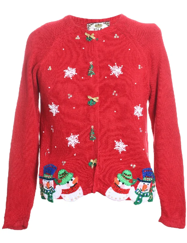 Snowman Design Red Knit Christmas Cardigan - M Lightweight Heavyweight Midweight