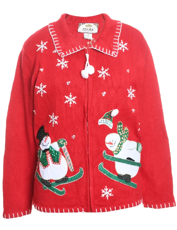 Snowman Design Red & White Embroidered Christmas Cardigan - M Long Cardigan Short Cardigan Medium Cardigan Snowman Design Red & White Embroidered Christmas Cardigan - M Long Cardigan Short Cardigan Medium Cardigan