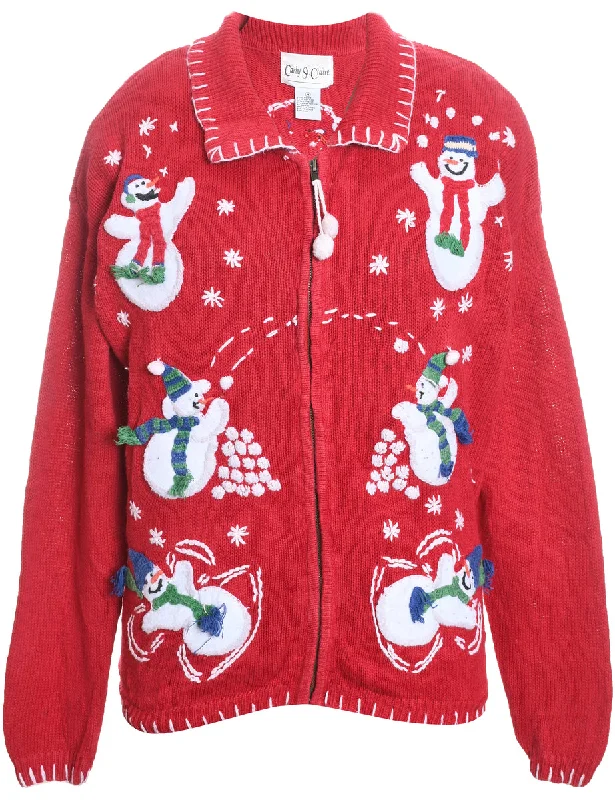 Snowman Design Red & White Zip-Front Christmas Cardigan - M Fleece Cardigan Nylon Polyester Snowman Design Red & White Zip-Front Christmas Cardigan - M Fleece Cardigan Nylon Polyester
