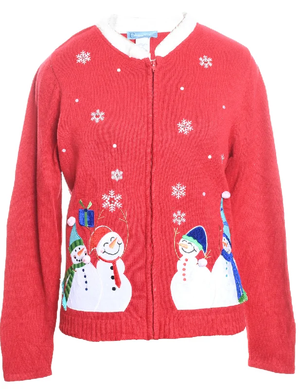 Snowman Design Red Zip-Front Embroidered Christmas Cardigan - M Rayon Fabric Velvet Fabric Corduroy Fabric Snowman Design Red Zip-Front Embroidered Christmas Cardigan - M Rayon Fabric Velvet Fabric Corduroy Fabric