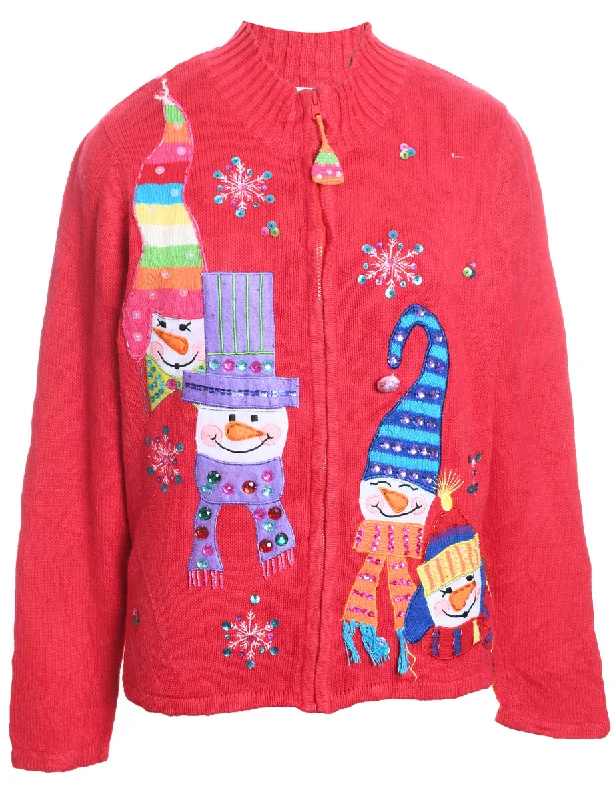 Snowman Design Zip-Front Appliqued Christmas Cardigan - L Oversized Loose Flowy
